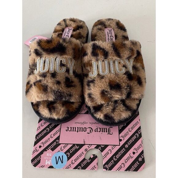 Juicy Couture ELDORIS 2 Faux Fur LEOPARD Slip On Slide Slippers Women’s Sz M 7/8 - Picture 1 of 8